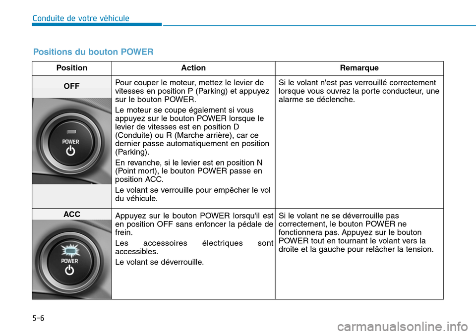 Hyundai Ioniq Electric 2019 Manuel du propriétaire (in French) 5-6
Conduite de votre véhicule
Positions du bouton POWER
Position Action Remarque
Pour couper le moteur, mettez le levier de
vitesses en position P (Parking) et appuyez
sur le bouton POWER.
Le moteur Hyundai Ioniq Electric 2019 Manuel du propriétaire (in French) 5-6
Conduite de votre véhicule
Positions du bouton POWER
Position Action Remarque
Pour couper le moteur, mettez le levier de
vitesses en position P (Parking) et appuyez
sur le bouton POWER.
Le moteur