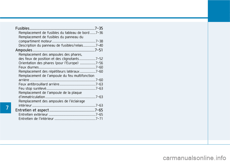 Hyundai Ioniq Electric 2019 Manuel du propriétaire (in French) 7
Fusibles..................................................................7-35
Remplacement de fusibles du tableau de bord .......7-36
Remplacement de fusibles du panneau du
compartiment moteur..... Hyundai Ioniq Electric 2019 Manuel du propriétaire (in French) 7
Fusibles..................................................................7-35
Remplacement de fusibles du tableau de bord .......7-36
Remplacement de fusibles du panneau du
compartiment moteur.....