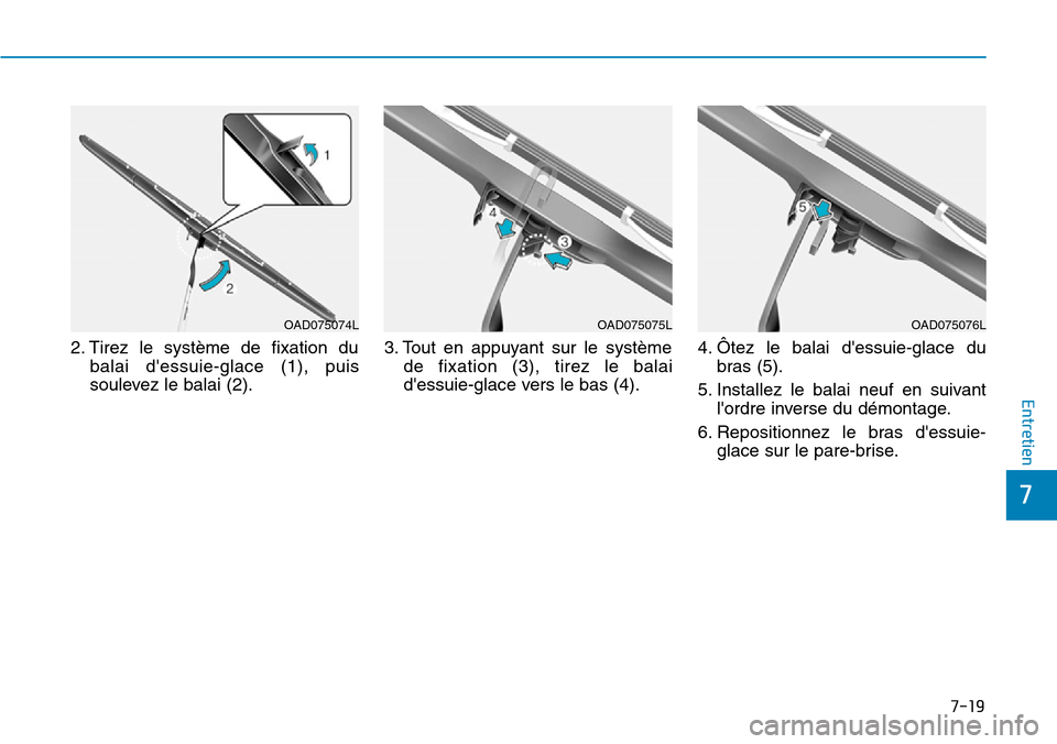 Hyundai Ioniq Electric 2019  Manuel du propriétaire (in French) 7-19
7
Entretien
2. Tirez le système de fixation du
balai dessuie-glace (1), puis
soulevez le balai (2).3. Tout en appuyant sur le système
de fixation (3), tirez le balai
dessuie-glace vers le bas