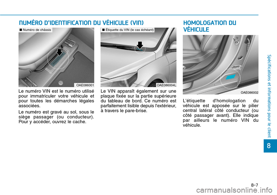 Hyundai Ioniq Electric 2019  Manuel du propriétaire (in French) 8-7
8
Spécifications et informations pour le client
Le numéro VIN est le numéro utilisé
pour immatriculer votre véhicule et
pour toutes les démarches légales
associées.
Le numéro est gravé a