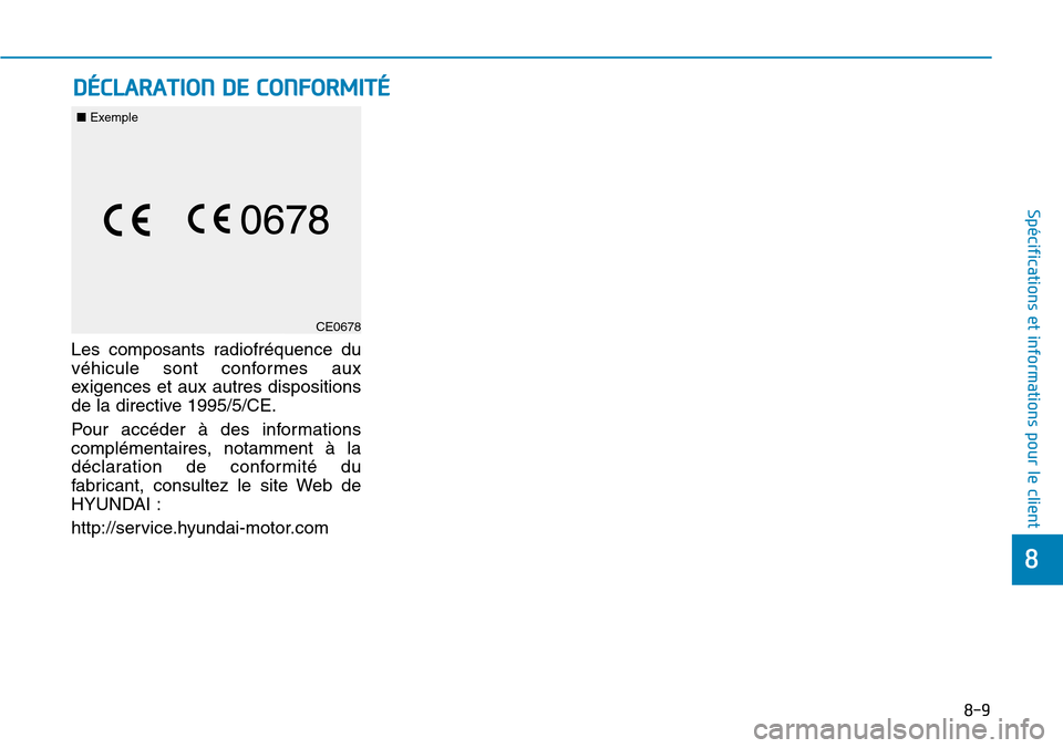 Hyundai Ioniq Electric 2019  Manuel du propriétaire (in French) 8-9
8
Spécifications et informations pour le client
Les composants radiofréquence du
véhicule sont conformes aux
exigences et aux autres dispositions
de la directive 1995/5/CE.
Pour accéder à des