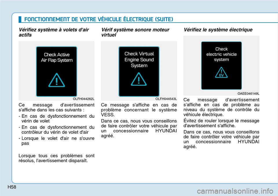 Hyundai Ioniq Electric 2019  Manuel du propriétaire (in French) H58
FONCTIONNEMENT DE VOTRE VÉHICULE ÉLECTRIQUE (SUITE)
Vérifiez système à volets dair
actifs 
Ce message davertissement
saffiche dans les cas suivants :
- En cas de dysfonctionnement du
véri