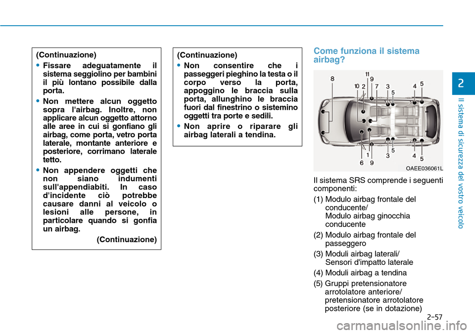 Hyundai Ioniq Electric 2019 Manuale del proprietario (in Italian) 2-57
Il sistema di sicurezza del vostro veicolo
2
Come funziona il sistema
airbag?
Il sistema SRS comprende i seguenti
componenti:
(1) Modulo airbag frontale del
conducente/
Modulo airbag ginocchia
co Hyundai Ioniq Electric 2019 Manuale del proprietario (in Italian) 2-57
Il sistema di sicurezza del vostro veicolo
2
Come funziona il sistema
airbag?
Il sistema SRS comprende i seguenti
componenti:
(1) Modulo airbag frontale del
conducente/
Modulo airbag ginocchia
co
