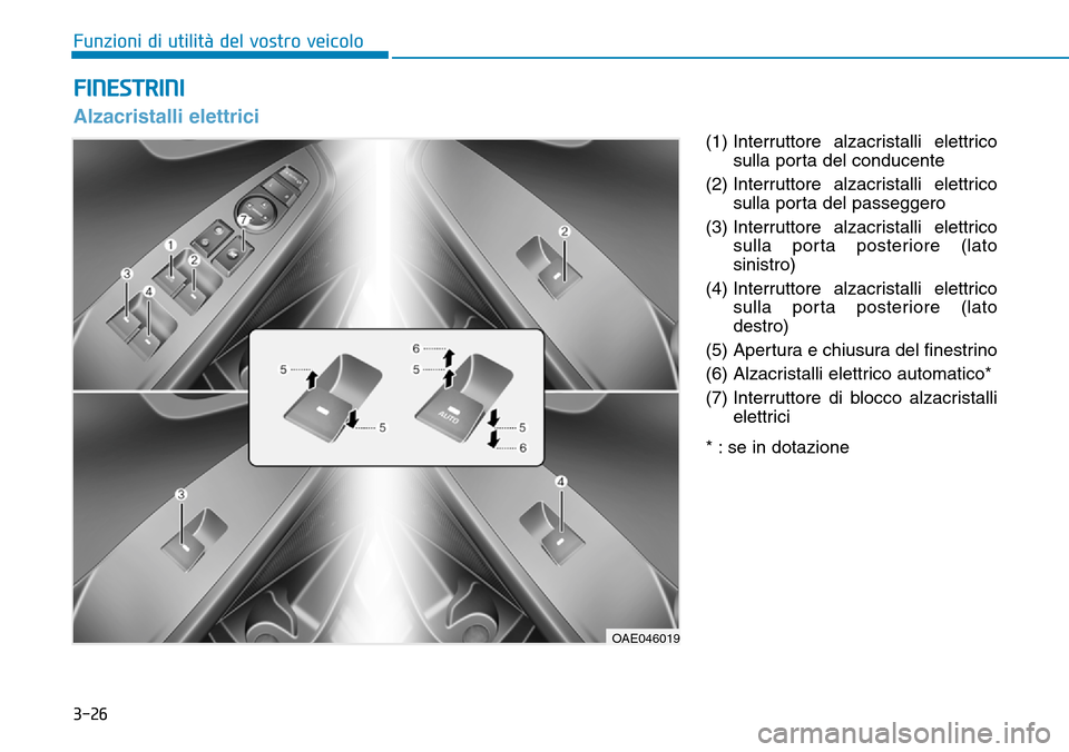 Hyundai Ioniq Electric 2019  Manuale del proprietario (in Italian) 3-26
(1) Interruttore alzacristalli elettrico
sulla porta del conducente
(2) Interruttore alzacristalli elettrico
sulla porta del passeggero
(3) Interruttore alzacristalli elettrico
sulla porta poster