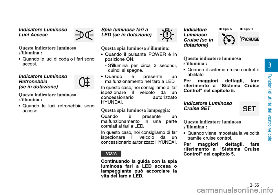 Hyundai Ioniq Electric 2019 Manuale del proprietario (in Italian) 3-55
Funzioni di utilità del vostro veicolo
3
Indicatore Luminoso
Luci Accese
Questo indicatore luminoso
sillumina :
• Quando le luci di coda o i fari sono
accesi.
Indicatore Luminoso
Retronebbia Hyundai Ioniq Electric 2019 Manuale del proprietario (in Italian) 3-55
Funzioni di utilità del vostro veicolo
3
Indicatore Luminoso
Luci Accese
Questo indicatore luminoso
sillumina :
• Quando le luci di coda o i fari sono
accesi.
Indicatore Luminoso
Retronebbia