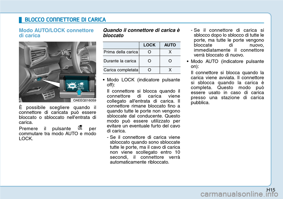 Hyundai Ioniq Electric 2019 Manuale del proprietario (in Italian) H15
Modo AUTO/LOCK connettore
di carica
È possibile scegliere quando il
connettore di caricata può essere
bloccato o sbloccato nellentrata di
carica.
Premere il pulsante per
commutare tra modo AUT Hyundai Ioniq Electric 2019 Manuale del proprietario (in Italian) H15
Modo AUTO/LOCK connettore
di carica
È possibile scegliere quando il
connettore di caricata può essere
bloccato o sbloccato nellentrata di
carica.
Premere il pulsante per
commutare tra modo AUT