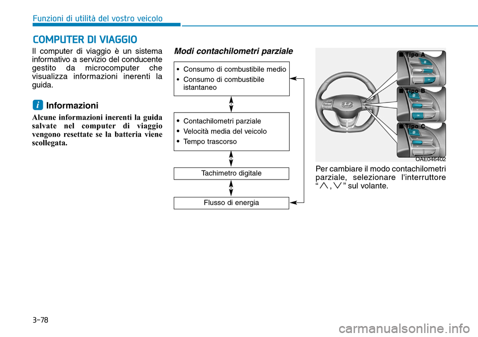Hyundai Ioniq Electric 2019  Manuale del proprietario (in Italian) 3-78
Funzioni di utilità del vostro veicolo
COMPUTER DI VIAGGIO
Il computer di viaggio è un sistema
informativo a servizio del conducente
gestito da microcomputer che
visualizza informazioni inerent