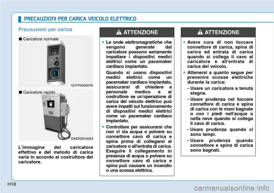 Hyundai Ioniq Electric 2019 Manuale del proprietario (in Italian) H18
Precauzioni per carica
Limmagine del caricatore
effettivo e del metodo di carica
varia in accordo al costruttore del
caricatore.•Le onde elettromagnetiche che
vengono generate dal
caricatore po Hyundai Ioniq Electric 2019 Manuale del proprietario (in Italian) H18
Precauzioni per carica
Limmagine del caricatore
effettivo e del metodo di carica
varia in accordo al costruttore del
caricatore.•Le onde elettromagnetiche che
vengono generate dal
caricatore po