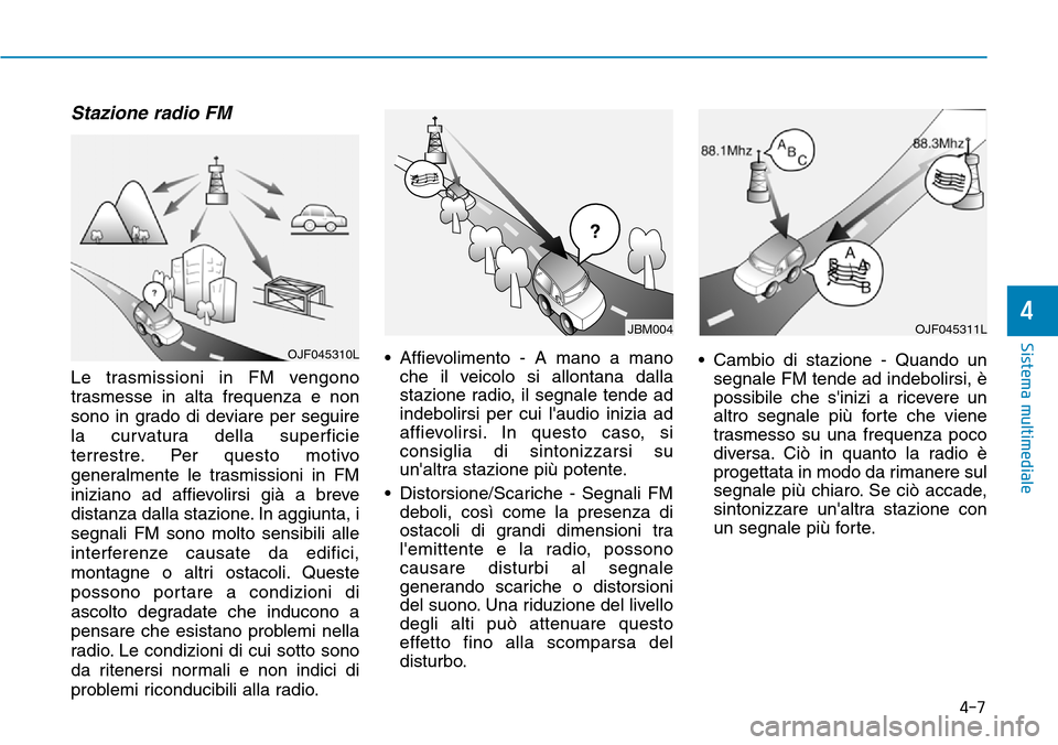 Hyundai Ioniq Electric 2019 Manuale del proprietario (in Italian) 4-7
Sistema multimediale
4
Stazione radio FM
Le trasmissioni in FM vengono
trasmesse in alta frequenza e non
sono in grado di deviare per seguire
la curvatura della superficie
terrestre. Per questo mo Hyundai Ioniq Electric 2019 Manuale del proprietario (in Italian) 4-7
Sistema multimediale
4
Stazione radio FM
Le trasmissioni in FM vengono
trasmesse in alta frequenza e non
sono in grado di deviare per seguire
la curvatura della superficie
terrestre. Per questo mo