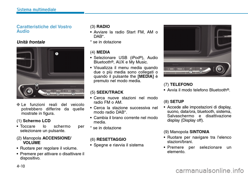 Hyundai Ioniq Electric 2019 Manuale del proprietario (in Italian) 4-10
Sistema multimediale
Caratteristiche del Vostro
Audio
Unità frontale
❈Le funzioni reali del veicolo
potrebbero differire da quelle
mostrate in figura.
(1) Schermo LCD
• Toccare lo schermo pe Hyundai Ioniq Electric 2019 Manuale del proprietario (in Italian) 4-10
Sistema multimediale
Caratteristiche del Vostro
Audio
Unità frontale
❈Le funzioni reali del veicolo
potrebbero differire da quelle
mostrate in figura.
(1) Schermo LCD
• Toccare lo schermo pe