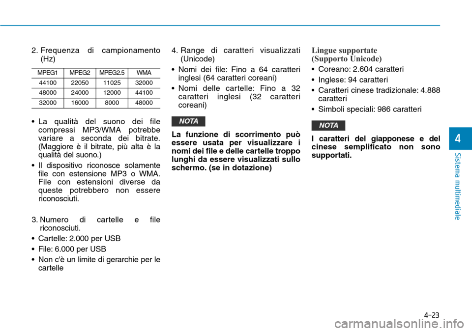 Hyundai Ioniq Electric 2019 Manuale del proprietario (in Italian) 4-23
Sistema multimediale
4
2. Frequenza di campionamento
(Hz)
• La qualità del suono dei file
compressi MP3/WMA potrebbe
variare a seconda dei bitrate.
(Maggiore è il bitrate, più alta è la
qua Hyundai Ioniq Electric 2019 Manuale del proprietario (in Italian) 4-23
Sistema multimediale
4
2. Frequenza di campionamento
(Hz)
• La qualità del suono dei file
compressi MP3/WMA potrebbe
variare a seconda dei bitrate.
(Maggiore è il bitrate, più alta è la
qua