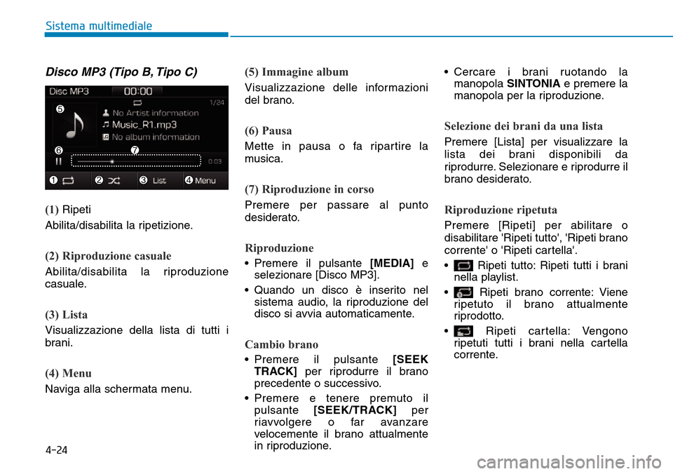 Hyundai Ioniq Electric 2019 Manuale del proprietario (in Italian) 4-24
Sistema multimediale
Disco MP3 (Tipo B, Tipo C)
(1) Ripeti
Abilita/disabilita la ripetizione.
(2) Riproduzione casuale
Abilita/disabilita la riproduzione
casuale.
(3) Lista
Visualizzazione della Hyundai Ioniq Electric 2019 Manuale del proprietario (in Italian) 4-24
Sistema multimediale
Disco MP3 (Tipo B, Tipo C)
(1) Ripeti
Abilita/disabilita la ripetizione.
(2) Riproduzione casuale
Abilita/disabilita la riproduzione
casuale.
(3) Lista
Visualizzazione della