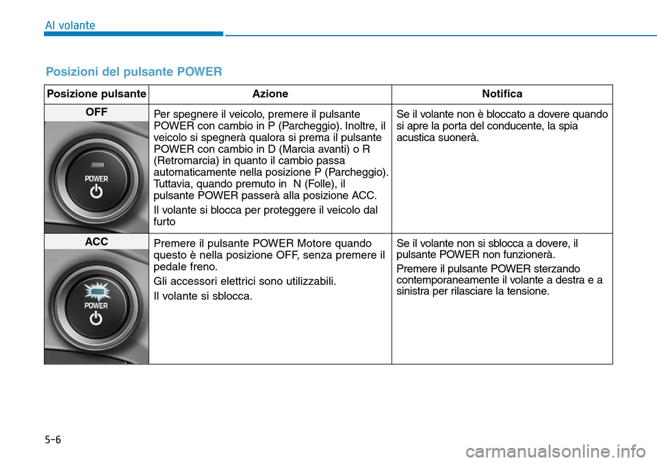Hyundai Ioniq Electric 2019  Manuale del proprietario (in Italian) 5-6
Al volante
Posizioni del pulsante POWER
Posizione pulsante Azione Notifica
OFF
Per spegnere il veicolo, premere il pulsante
POWER con cambio in P (Parcheggio). Inoltre, il
veicolo si spegnerà qua