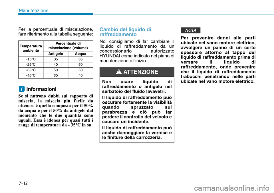Hyundai Ioniq Electric 2019 Manuale del proprietario (in Italian) 7-12
Manutenzione
Per la percentuale di miscelazione,
fare riferimento alla tabella seguente:
Informazioni
Se si nutrono dubbi sul rapporto di
miscela, la miscela più facile da
ottenere è quella com Hyundai Ioniq Electric 2019 Manuale del proprietario (in Italian) 7-12
Manutenzione
Per la percentuale di miscelazione,
fare riferimento alla tabella seguente:
Informazioni
Se si nutrono dubbi sul rapporto di
miscela, la miscela più facile da
ottenere è quella com