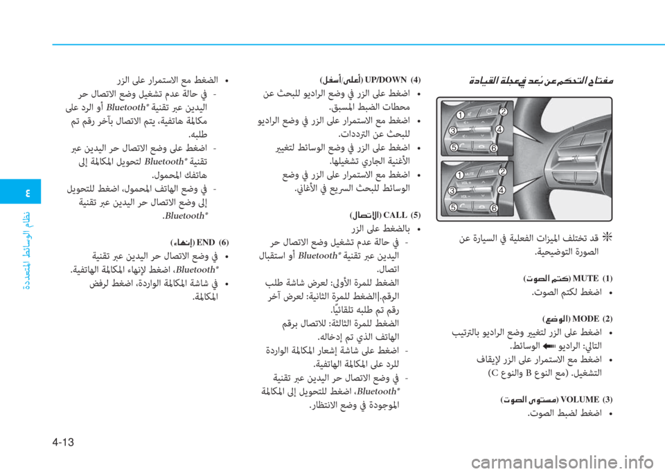 Hyundai Ioniq Electric 2019  دليل المالك  2
ةدﺪﻌﺘﳌا ﻂﺋﺎﺳﻮﻟا مﺎﻈﻧ
4-13
 Î c @ Ë ± ¸ ?  Ï ¹ T ¤    â G  Â ¤  ¾ µ X L ¸ ?  ^ @ L ­ ¼
 ﻦﻋ ةرﺎﻴﺴﻟا ﰲ ﺔﻴﻠﻌﻔﻟا تاﺰ�