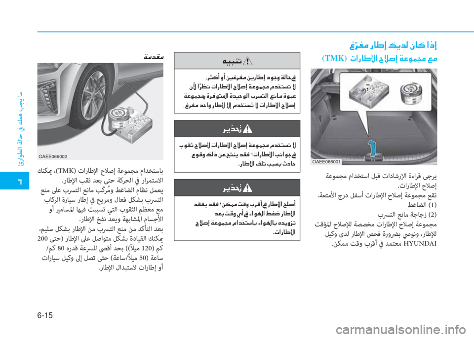 Hyundai Ioniq Electric 2019  دليل المالك  إ
ئراﻮﻄﻟا ﺔﻟﺎﺣ ﰲ ﻪﻠﻌﻓ ﺐﺠﻳ ﺎﻣ
6-15
OAEE066001
 ﺔﻋﻮﻤﺠﻣ ماﺪﺨﺘﺳا ﻞﺒﻗ تادﺎﺷرﻹا ةءاﺮﻗ ﻰﺟﺮﻳ
.تارﺎﻃﻹا �