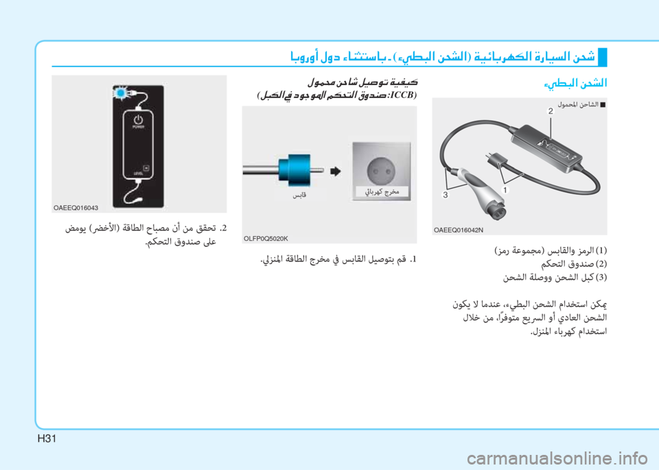 Hyundai Ioniq Electric 2019  دليل المالك H31
(ﺰﻣر ﺔﻋﻮﻤﺠﻣ) ﺲﺑﺎﻘﻟاو ﺰﻣﺮﻟا  (1)
ﻢﻜﺤﺘﻟا قوﺪﻨﺻ  (2)
ﻦﺤﺸﻟا ﺔﻠﺻوو ﻦﺤﺸﻟا ﻞﺒﻛ  (3)
 نﻮﻜﻳ ﻻ ﺎﻣﺪﻨ�