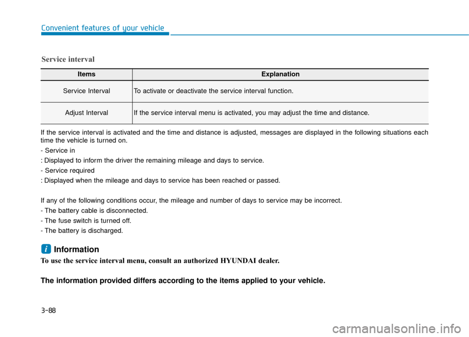 Hyundai Ioniq Electric 2018  Owners Manual 3-88
Convenient features of your vehicle
ItemsExplanation
Service IntervalTo activate or deactivate the service interval function.
Adjust IntervalIf the service interval menu is activated, you may adj