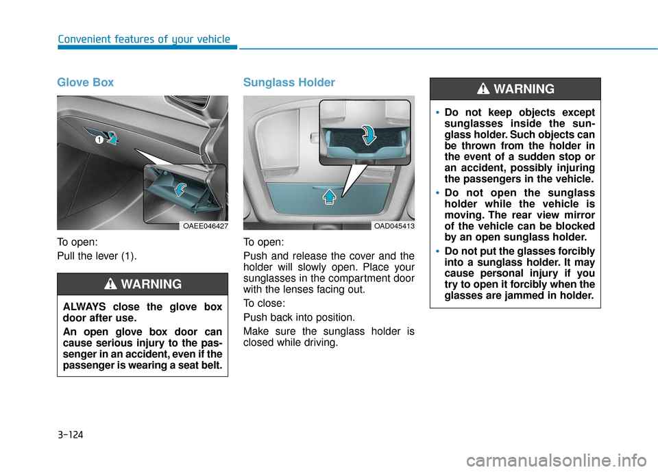 Hyundai Ioniq Electric 2018  Owners Manual 3-124
Convenient features of your vehicle
Glove Box
To open:
Pull the lever (1).
Sunglass Holder
To open:
Push and release the cover and the
holder will slowly open. Place your
sunglasses in the compa