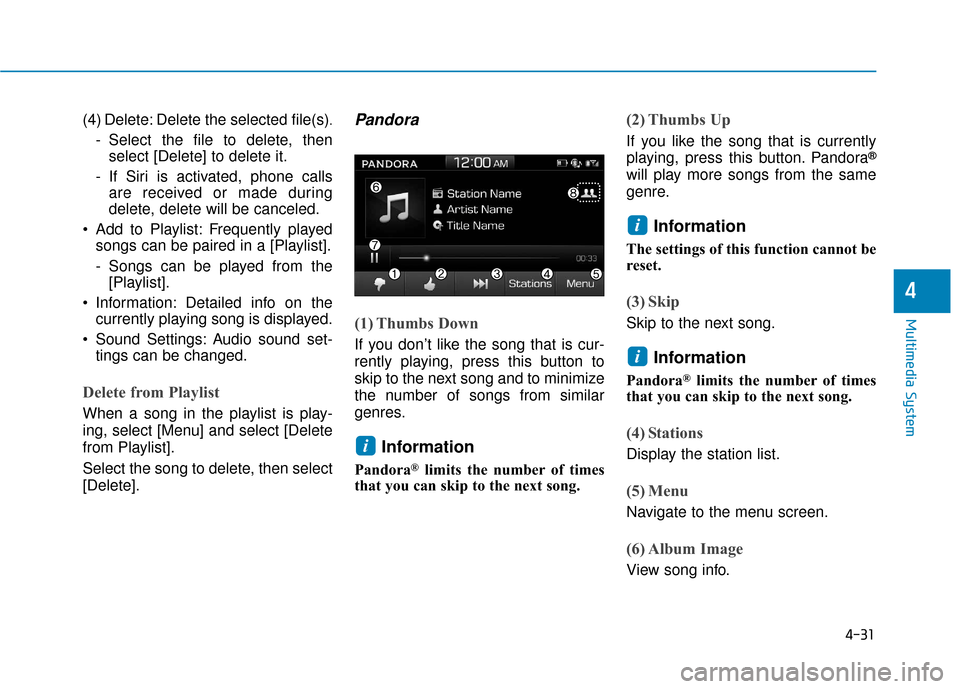 Hyundai Ioniq Electric 2018  Owners Manual 4-31
Multimedia System
4
(4) Delete: Delete the selected file(s).
- Select the file to delete, thenselect [Delete] to delete it.
- If Siri is activated, phone calls are received or made during
delete,