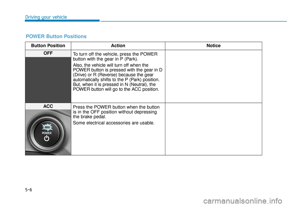 Hyundai Ioniq Electric 2018  Owners Manual 5-6
Driving your vehicle
POWER Button Positions
Button PositionAction Notice
OFF
To turn off the vehicle, press the POWER
button with the gear in P (Park).
Also, the vehicle will turn off when the
POW