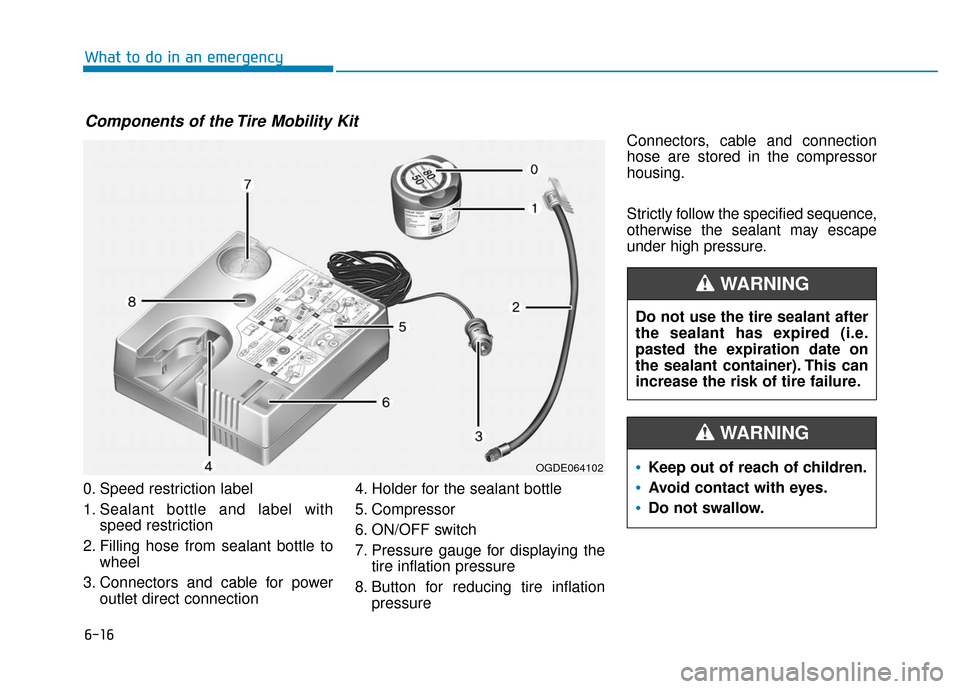 Hyundai Ioniq Electric 2018 Owners Manual 6-16
What to do in an emergency
0. Speed restriction label
1. Sealant bottle and label with speed restriction
2. Filling hose from sealant bottle to wheel
3. Connectors and cable for power outlet dire Hyundai Ioniq Electric 2018 Owners Manual 6-16
What to do in an emergency
0. Speed restriction label
1. Sealant bottle and label with speed restriction
2. Filling hose from sealant bottle to wheel
3. Connectors and cable for power outlet dire