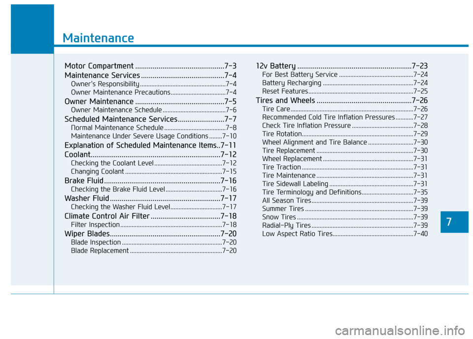 Hyundai Ioniq Electric 2018  Owners Manual 7
Maintenance
7
Maintenance
Motor Compartment ..............................................7-3
Maintenance Services ...........................................7-4
Owners Responsibility .............