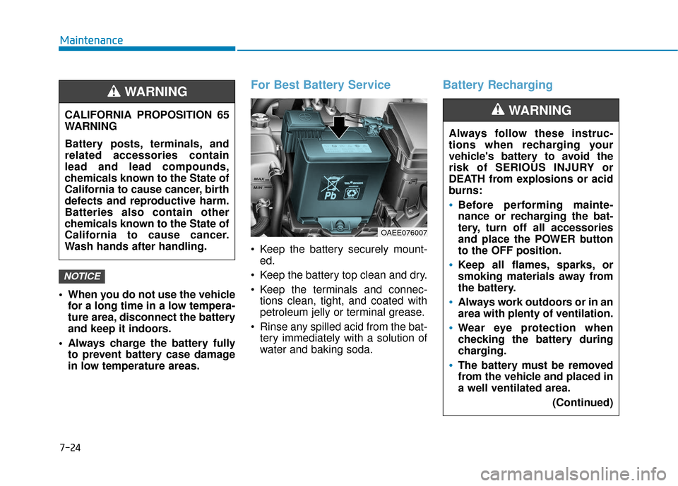 Hyundai Ioniq Electric 2018  Owners Manual 7-24
Maintenance
 When you do not use the vehicle for a long time in a low tempera-
ture area, disconnect the battery
and keep it indoors.
 Always charge the battery fully to prevent battery case dama