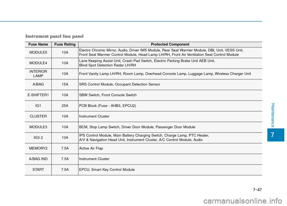 Hyundai Ioniq Electric 2018  Owners Manual 7-47
7
Maintenance
Fuse NameFuse RatingProtected Component
MODULE510AElectro Chromic Mirror, Audio, Driver IMS Module, Rear Seat Warmer Module, DBL Unit, VESS Unit, 
Front Seat Warmer Control Module, 