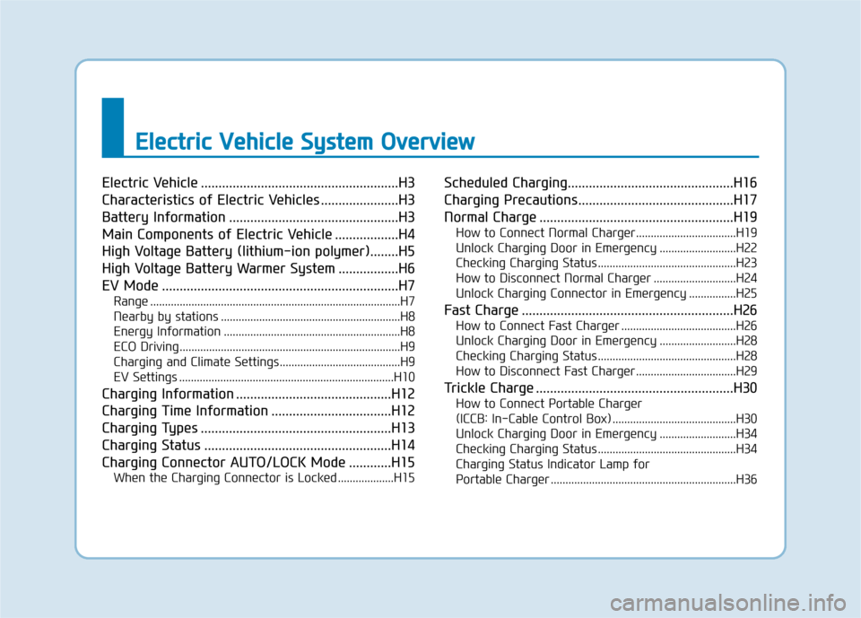 Hyundai Ioniq Electric 2018  Owners Manual E
El
le
e c
ct
tr
r i
ic
c  
 V
V e
eh
h i
ic
c l
le
e  
 S
S y
ys
st
te
e m
m  
 O
O v
ve
e r
rv
v i
ie
e w
w
Electric Vehicle ........................................................H3
Characteristi