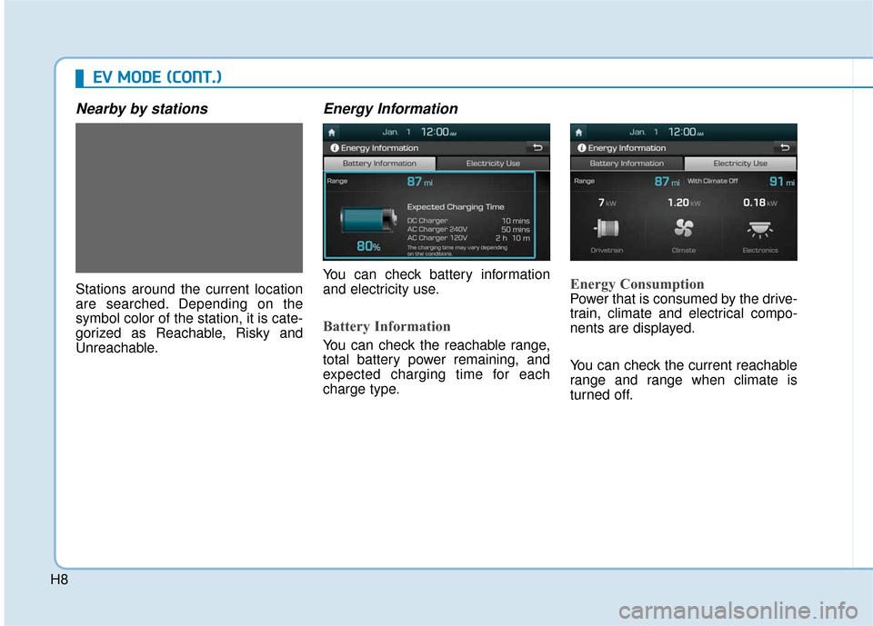 Hyundai Ioniq Electric 2018  Owners Manual H8
E
EV
V  
 M
M O
OD
DE
E 
 (
( C
C O
O N
NT
T.
.)
)
Nearby by stations
Stations around the current location
are searched. Depending on the
symbol color of the station, it is cate-
gorized as Reachab