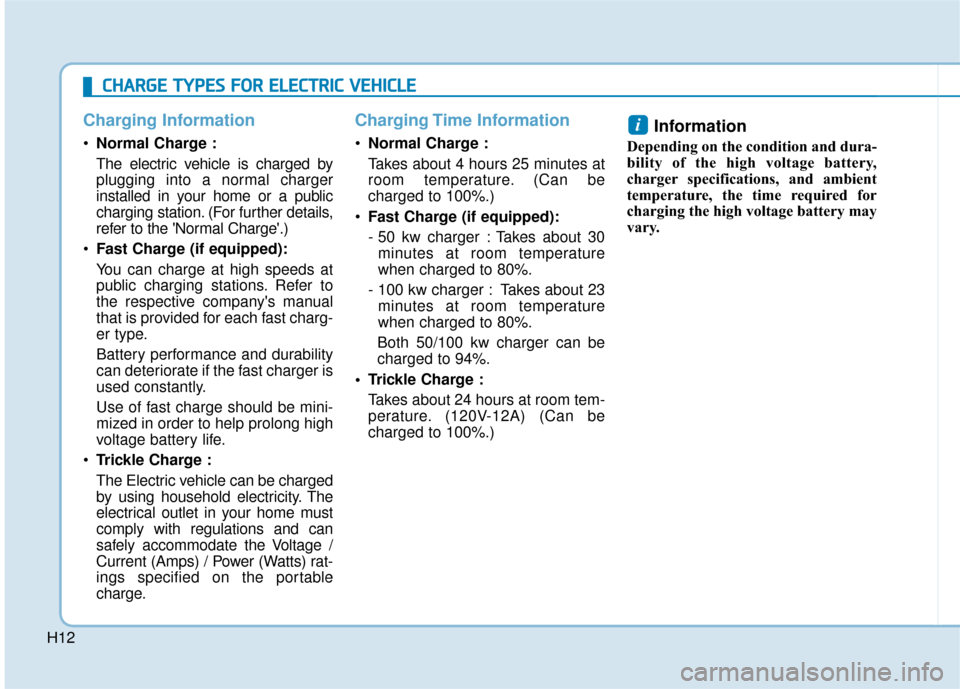 Hyundai Ioniq Electric 2018  Owners Manual H12
Charging Information
Normal Charge :
The electric vehicle is charged by
plugging into a normal charger
installed in your home or a public
charging station. (For further details,
refer to the Norm