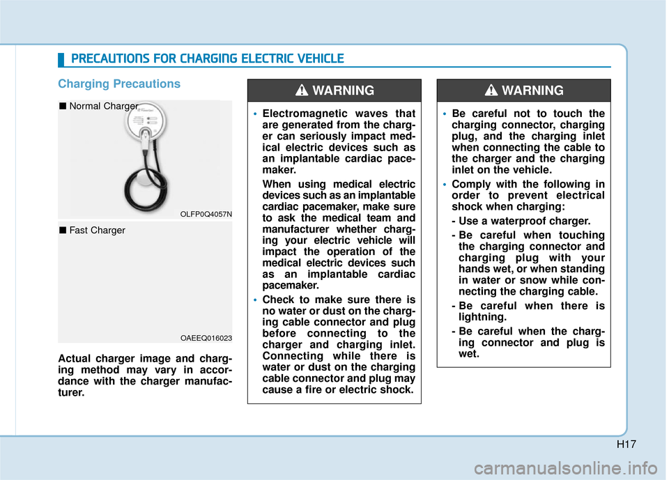 Hyundai Ioniq Electric 2018  Owners Manual H17
Charging Precautions
Actual charger image and charg-
ing method may vary in accor-
dance with the charger manufac-
turer.
Electromagnetic waves that
are generated from the charg-
er can seriously 