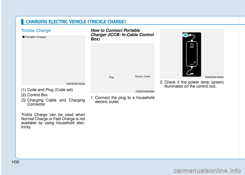 Hyundai Ioniq Electric 2018  Owners Manual H30
Trickle Charge
(1) Code and Plug (Code set) 
(2) Control Box
(3) Charging Cable and Charging
Connector
Trickle Charge can be used when
Normal Charge or Fast Charge is not
available by using househ