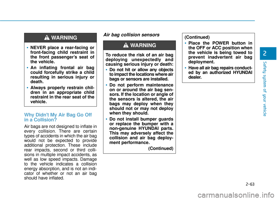 Hyundai Ioniq Electric 2018  Owners Manual 2-63
Safety system of your vehicle
2
Why Didnt My Air Bag Go Off
in a Collision? 
Air bags are not designed to inflate in
every collision.There are certain
types of accidents in which the air bag
wou