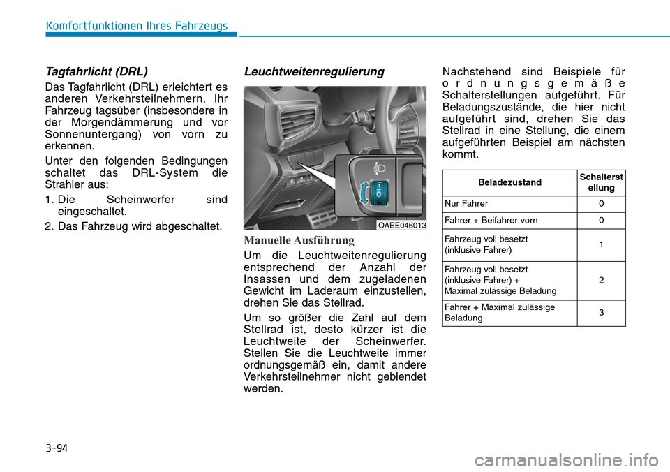 Hyundai Ioniq Electric 2018 Betriebsanleitung 3-94
Komfortfunktionen Ihres Fahrzeugs
Tagfahrlicht (DRL)
Das Tagfahrlicht (DRL) erleichtert es
anderen Verkehrsteilnehmern, Ihr
Fahrzeug tagsüber (insbesondere in
der Morgendämmerung und vor
Sonnen Hyundai Ioniq Electric 2018 Betriebsanleitung 3-94
Komfortfunktionen Ihres Fahrzeugs
Tagfahrlicht (DRL)
Das Tagfahrlicht (DRL) erleichtert es
anderen Verkehrsteilnehmern, Ihr
Fahrzeug tagsüber (insbesondere in
der Morgendämmerung und vor
Sonnen