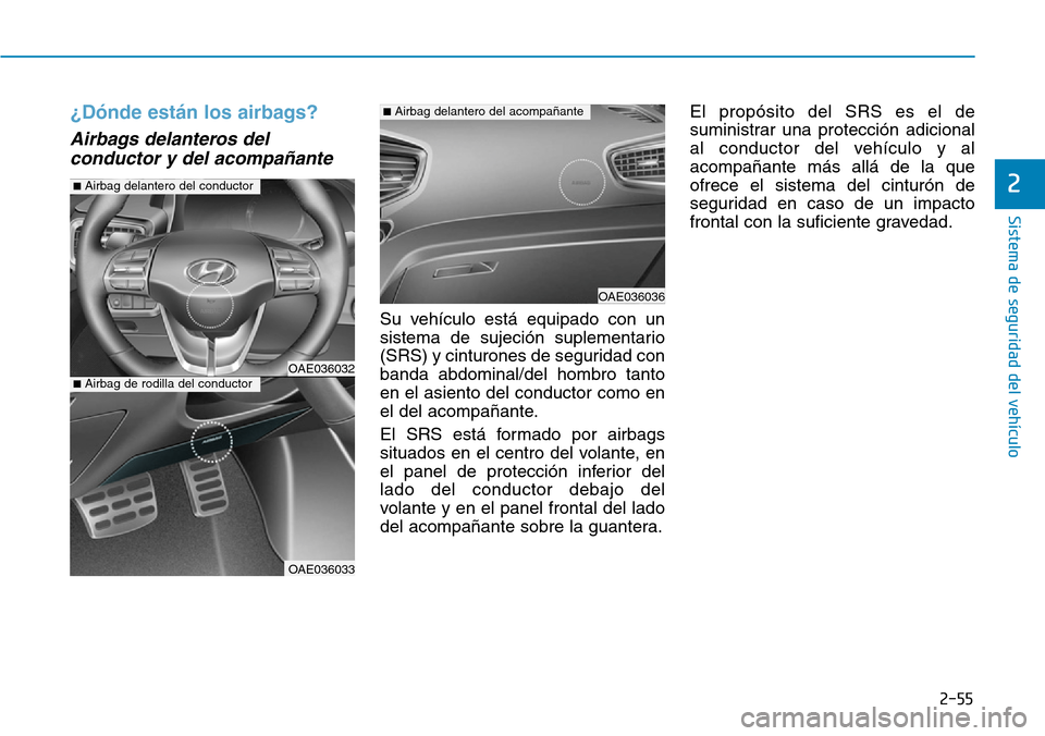 Hyundai Ioniq Electric 2018  Manual del propietario (in Spanish) 2-55
Sistema de seguridad del vehículo
2
¿Dónde están los airbags?
Airbags delanteros del
conductor y del acompañante
Su vehículo está equipado con un
sistema de sujeción suplementario
(SRS) y
