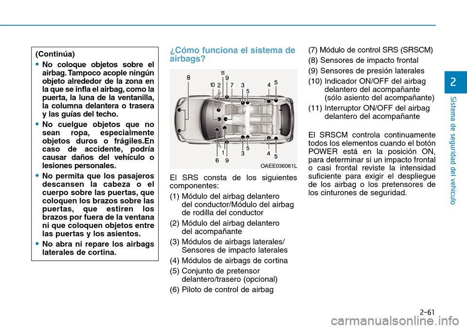 Hyundai Ioniq Electric 2018 Manual del propietario (in Spanish) 2-61
Sistema de seguridad del vehículo
2
¿Cómo funciona el sistema de
airbags?
El SRS consta de los siguientes
componentes:
(1) Módulo del airbag delantero
del conductor/Módulo del airbag
de rodi Hyundai Ioniq Electric 2018 Manual del propietario (in Spanish) 2-61
Sistema de seguridad del vehículo
2
¿Cómo funciona el sistema de
airbags?
El SRS consta de los siguientes
componentes:
(1) Módulo del airbag delantero
del conductor/Módulo del airbag
de rodi