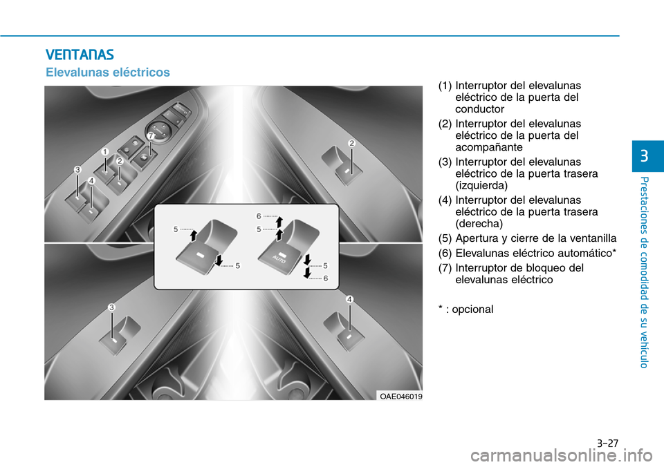 Hyundai Ioniq Electric 2018  Manual del propietario (in Spanish) 3-27
Prestaciones de comodidad de su vehículo 
3
(1) Interruptor del elevalunas
eléctrico de la puerta del
conductor
(2) Interruptor del elevalunas
eléctrico de la puerta del
acompañante
(3) Inter
