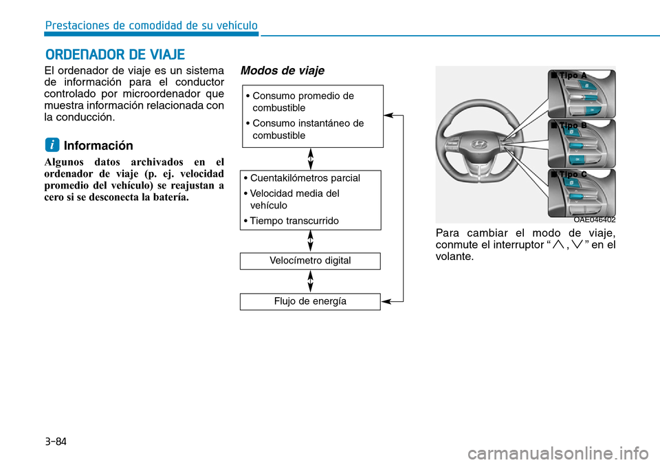 Hyundai Ioniq Electric 2018  Manual del propietario (in Spanish) 3-84
Prestaciones de comodidad de su vehículo 
ORDENADOR DE VIAJE
El ordenador de viaje es un sistema
de información para el conductor
controlado por microordenador que
muestra información relacion