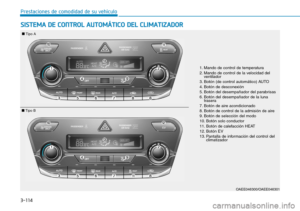 Hyundai Ioniq Electric 2018  Manual del propietario (in Spanish) 3-114
Prestaciones de comodidad de su vehículo 
SISTEMA DE CONTROL AUTOMÁTICO DEL CLIMATIZADOR 
1. Mando de control de temperatura
2. Mando de control de la velocidad del
ventilador
3. Botón (de co