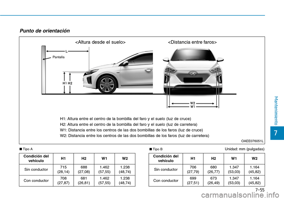 Hyundai Ioniq Electric 2018  Manual del propietario (in Spanish) 7-55
7
Mantenimiento
Unidad: mm (pulgadas)
Punto de orientación 
OAEE076051L
H1: Altura entre el centro de la bombilla del faro y el suelo (luz de cruce)
H2: Altura entre el centro de la bombilla del