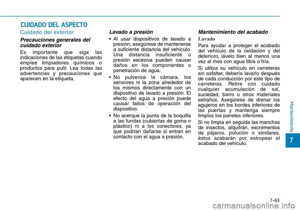 Hyundai Ioniq Electric 2018  Manual del propietario (in Spanish) 7-63
7
Mantenimiento
CUIDADO DEL ASPECTO
Cuidado del exterior
Precauciones generales del
cuidado exterior 
Es importante que siga las
indicaciones de las etiquetas cuando
emplee limpiadores químicos 