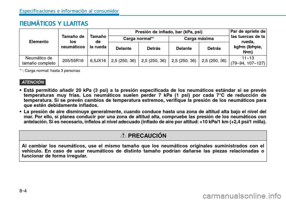 Hyundai Ioniq Electric 2018 Manual del propietario (in Spanish) 8-4
Especificaciones e información al consumidor
NEUMÁTICOS Y LLANTAS
ElementoTamaño de
los
neumáticosTamaño
de
la ruedaPresión de inflado, bar (kPa, psi)Par de apriete de
las tuercas de la
rued Hyundai Ioniq Electric 2018 Manual del propietario (in Spanish) 8-4
Especificaciones e información al consumidor
NEUMÁTICOS Y LLANTAS
ElementoTamaño de
los
neumáticosTamaño
de
la ruedaPresión de inflado, bar (kPa, psi)Par de apriete de
las tuercas de la
rued