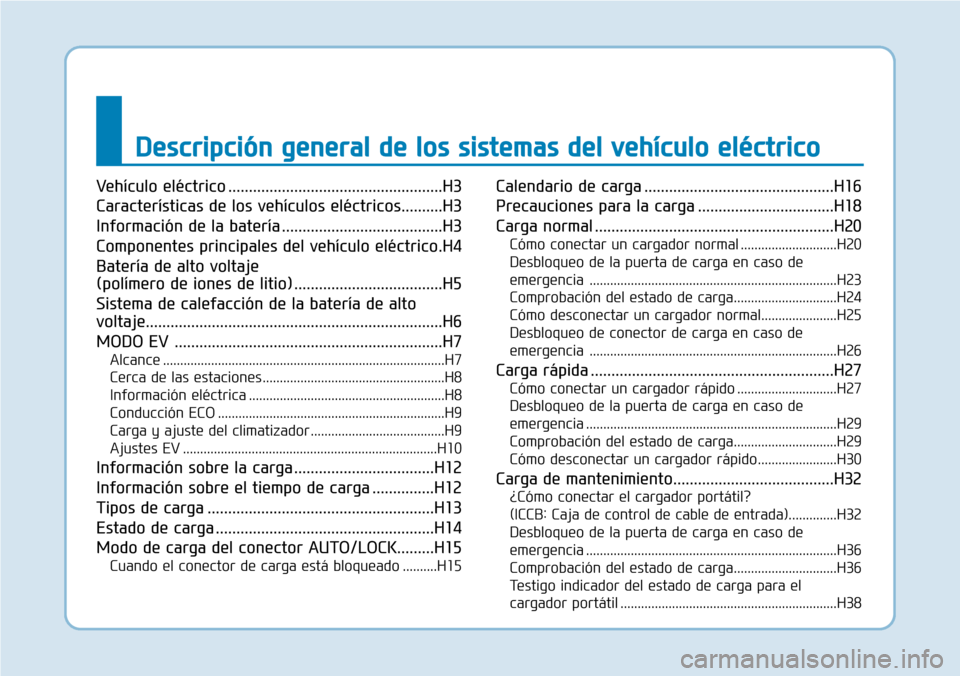 Hyundai Ioniq Electric 2018 Manual del propietario (in Spanish) Descripción general de los sistemas del vehículo eléctrico
Vehículo eléctrico ....................................................H3
Características de los vehículos eléctricos..........H3
Inf Hyundai Ioniq Electric 2018 Manual del propietario (in Spanish) Descripción general de los sistemas del vehículo eléctrico
Vehículo eléctrico ....................................................H3
Características de los vehículos eléctricos..........H3
Inf