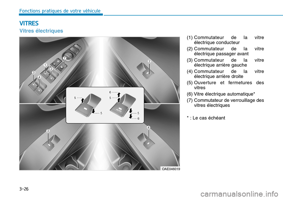 Hyundai Ioniq Electric 2018  Manuel du propriétaire (in French) 3-26
(1) Commutateur de la vitre
électrique conducteur
(2) Commutateur de la vitre
électrique passager avant
(3) Commutateur de la vitre
électrique arrière gauche
(4) Commutateur de la vitre
élec