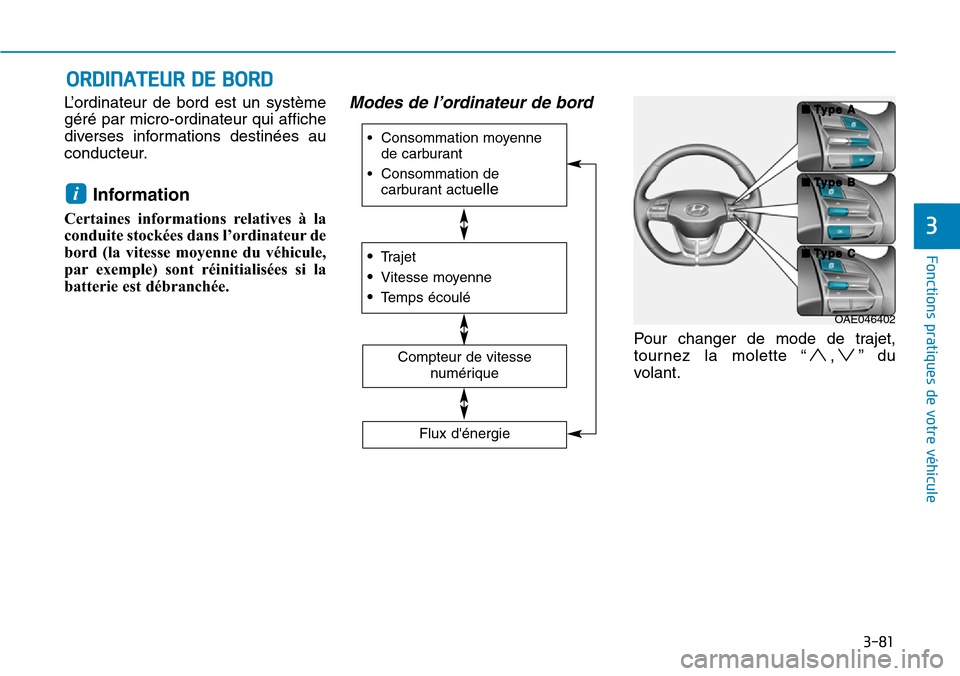 Hyundai Ioniq Electric 2018  Manuel du propriétaire (in French) 3-81
Fonctions pratiques de votre véhicule 
3
ORDINATEUR DE BORD
L’ordinateur de bord est un système
géré par micro-ordinateur qui affiche
diverses informations destinées au
conducteur.
Informa