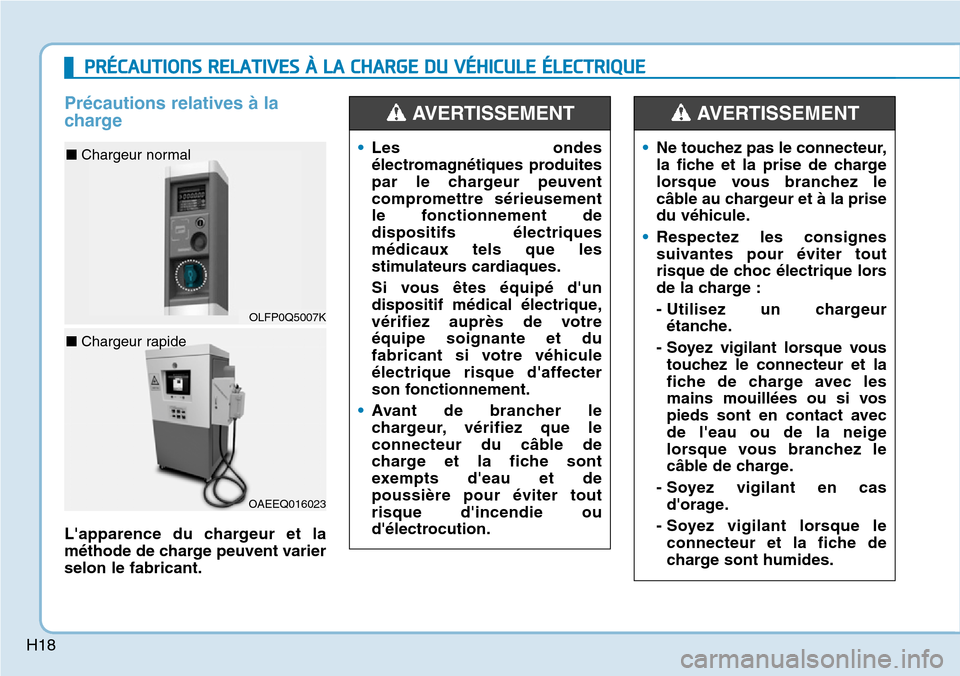 Hyundai Ioniq Electric 2018 Manuel du propriétaire (in French) H18
Précautions relatives à la
charge
Lapparence du chargeur et la
méthode de charge peuvent varier
selon le fabricant.•Les ondes
électromagnétiques produites
par le chargeur peuvent
compromet Hyundai Ioniq Electric 2018 Manuel du propriétaire (in French) H18
Précautions relatives à la
charge
Lapparence du chargeur et la
méthode de charge peuvent varier
selon le fabricant.•Les ondes
électromagnétiques produites
par le chargeur peuvent
compromet