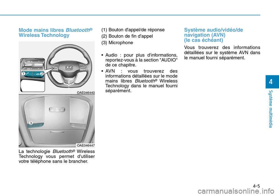 Hyundai Ioniq Electric 2018  Manuel du propriétaire (in French) Mode mains libres Bluetooth®
Wireless Technology 
La technologie Bluetooth®Wireless
Technology vous permet dutiliser
votre téléphone sans le brancher.(1) Bouton dappel/de réponse
(2) Bouton de 