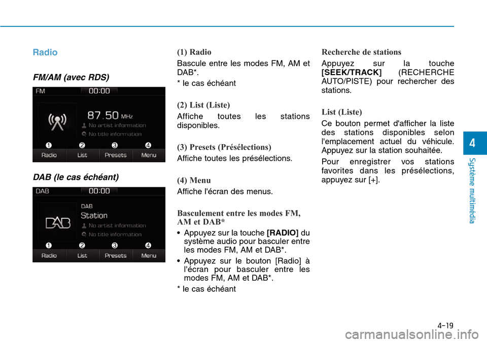 Hyundai Ioniq Electric 2018  Manuel du propriétaire (in French) 4-19
Système multimédia 
4
Radio
FM/AM (avec RDS)
DAB (le cas échéant)
(1) Radio
Bascule entre les modes FM, AM et
DAB*.
* le cas échéant
(2) List (Liste)
Affiche toutes les stations
disponibles